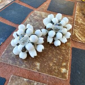 Vintage Milk Glass earrings, beaded clip on earrings